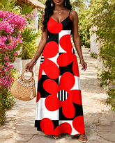 Sling Red Flower Geometric Pattern Print Pocket Maxi Dress