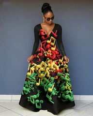 V-Neck Reggae Color Notes Pocket Long-Sleeved Maxi Dress