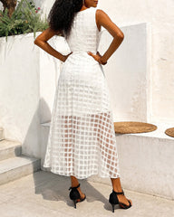 White Mesh Jacquard Plaid See-Through High-Waist Long Dress