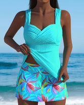 Cyan Leaf Print Mid Waisted Tankini Set