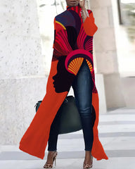 Retro Ethnic Print Three-quarter Sleeve Slit T-shirt Dress