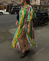 Contrasting Watercolor Stripes Hem Slit Shirt Collar Long Sleeve Maxi Dress