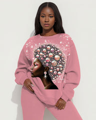 Pearl Brown Girl Print Long Sleeve Sweatshirt Two Pieces Set