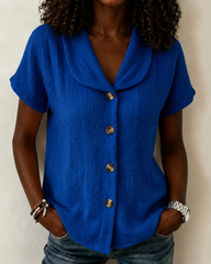 Simple Doll Collar Button Down Short Sleeve Cotton Linen Shirt