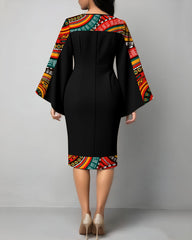 Ethnic Tribal Print Flared Sleeve Bodycon Midi Dress