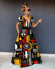 V Neck Vibrant African Tribal-inspired Geometric Short Sleeve Maxi Dress