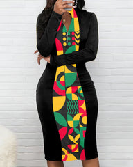 Reggae Geometric Print Zipper Stand Collar Long Sleeve Bodycon Dress