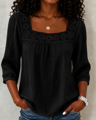 Square Neck Lace Spliced 3/4 Sleeve Cotton Linen Blouse