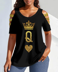 Golden Queen Round Neck Off-shoulder Short-sleeved T-shirt