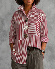 Irregular Stripes Stand Collar Long Sleeve Shirt with Metal Buttons