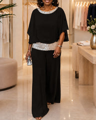 Conjuntos Elegantes Sequins Chiffon Batwing Sleeve Top Wide Leg Pants Two Piece Set
