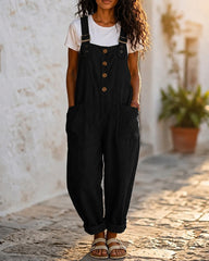 Solid Color Retro Cotton and Linen Pocket Loose Button-Front Overalls