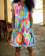 Vintage Abstract Geometric Art Print Casual Cotton Denim Shorts Jumpsuit