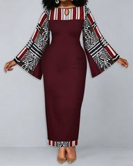 Geometric Totem Splicing Round Neck Bell Sleeve Bodycon Long Dress