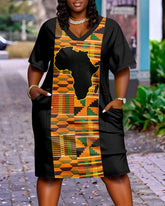 Geometric Print of African Map Pocket Casual Dress