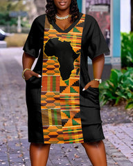 Geometric Print of African Map Pocket Casual Dress