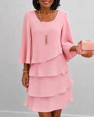 Round Neck Three-quarter Sleeves Elegant Layered Ruffle Dress