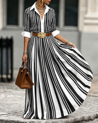 A-Line Loose Buttoned Contrast Color No Belt Striped Lapel Maxi Dresses