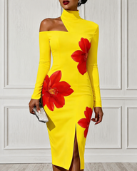 Elegant Red Flowers Off The Shoulder High-neck Slim Fit Dress Party Dress