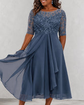 Women's Short Sleeve V-Neck Embroidery Lace Chiffon Dress