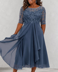 Women's Short Sleeve V-Neck Embroidery Lace Chiffon Dress