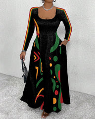 U-neck Black Totem Color Blocking Pocket Long Sleeves Maxi Dress