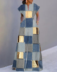 Fashion Denim Patch Print Neckline Batwing Sleeve Wide Leg Jumpsuit