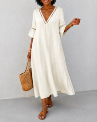 V-neck Solid Color Cotton and Linen Hollow-out Patchwork Dress