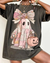 Retro Halloween Pink Denim Ghos Crew Neck Casual Short-Sleeved T-Shirt