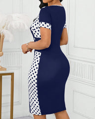 Round Neck Classic Polka Dot Crew Neck Short Sleeve Bodycon Midi Dress