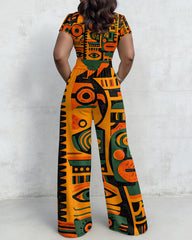 Orange African Traditional Print High Waist Wide-leg Women's Two-piece Set