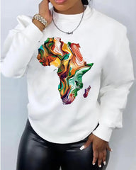 Black flowing pattern map print round neck women's sweatshirt