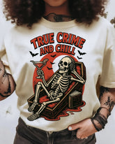 Halloween Crime and Chill Creepy Skeleton 100% Cotton Crew Neck Short Sleeve Tshirt