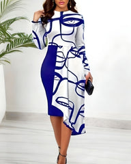 Crew Neck Long Sleeve Asymmetrical Hem Face Print Dress