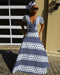 V Neck African Art Irregular Dots Short Sleeve Maxi Dress