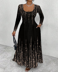 U-neck Gold Polka Dot Stripes Pocket Long Sleeves Maxi Dress