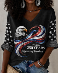 250 Years of Freedom America Print V-neck Half Sleeved Loose Top