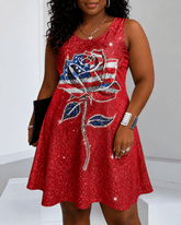 American Flag Roses Print Round Neck Sleeveless Mini Casual Dress