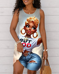Cut Black Woman But God Round Neck Sleeveless Mini Casual Dress