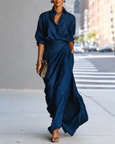 Solid Color Loose-fitting Collared Long-sleeved Shirt and Elegant Pleated Maxi Skirt Set
