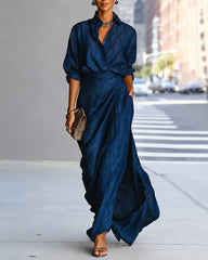 Solid Color Loose-fitting Collared Long-sleeved Shirt and Elegant Pleated Maxi Skirt Set