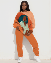 Brown Girl Colorful Print Long Sleeve Sweatshirt Two Pieces Set