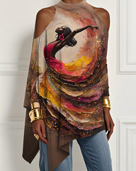 Oil Painting Dancer Print Irregular Off-shoulder Top