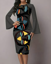 Line Face Art Flared Sleeves Midi Bodycon Dresses