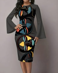 Line Face Art Flared Sleeves Midi Bodycon Dresses
