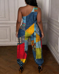 Denim Floral Patchwork Print One-shoulder Jumpsuit-- Not Faux Denim Fabric