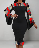 African Print Splicing Flared Sleeve Bodycon Midi Dress