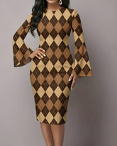 Contrasting Diamonds Flared Sleeves Midi Bodycon Dresses