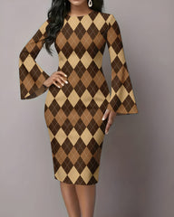Contrasting Diamonds Flared Sleeves Midi Bodycon Dresses