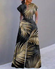 Hawaiian Leaf Print Neckline Batwing Sleeve Wide Leg Jumpsuit